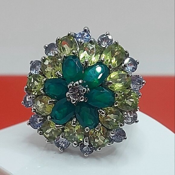 Natural Aventurine 6x4mm, Peridot, Tanzanite 925 Sterling Silver Ring Size 6.75 - Picture 11 of 11